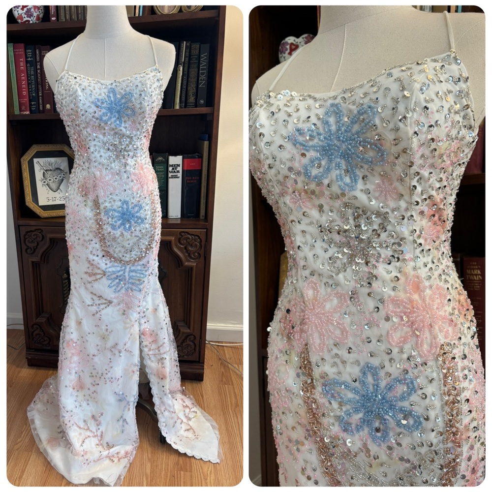 Beaded Pastel Floral Mermaid Fairycore Prom Dress Tie Back SZ 2